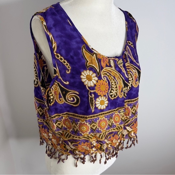 Vintage 90s MAGIC Whimsigoth Boho Floral Fringe  Button Down Scoop Neck Tank - Picture 1 of 11